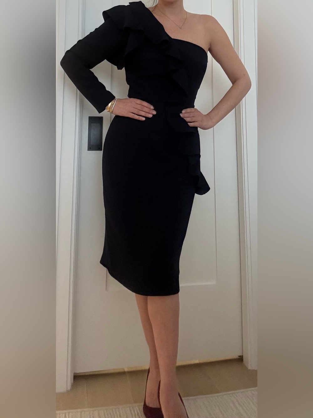NWT MIKAEL AGHAL Navy One Arm Ruffle Cocktail Dress  - Size 0